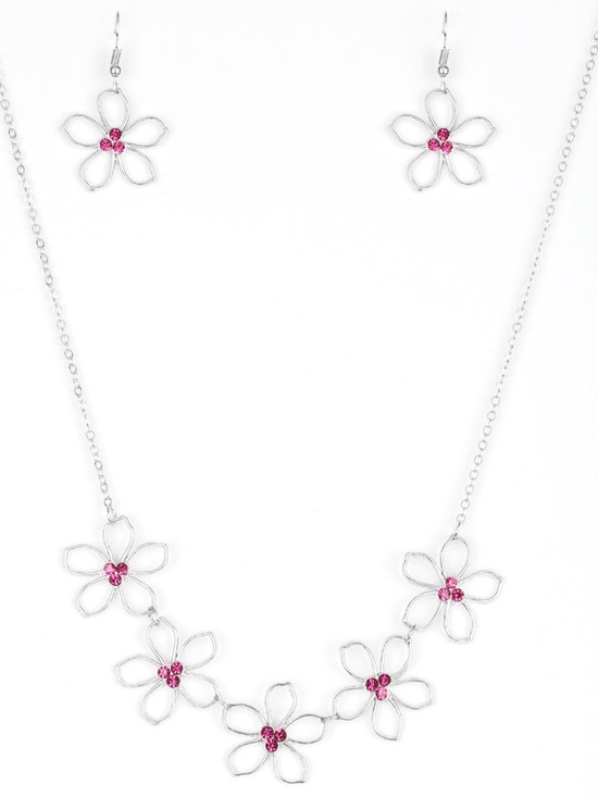 paparazzi Jewelry - Hoppin Hibiscus - Floral Hibiscus Necklace and Earrings with Pink Rhinestones